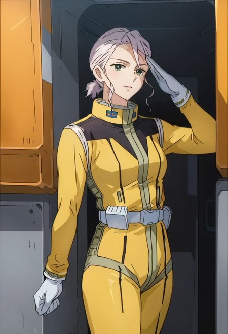 score_8, score_8_up, score_7_up, source_anime, anime screenshot, 1girl, solo, female focus, LAiden_CF, white hair, short ponytail, wispy bangs, green eyes, normal suit, pilot suit, yellow bodysuit, utility belt, white belt, white gloves, cowboy shot, standing, salute, looking at viewer,