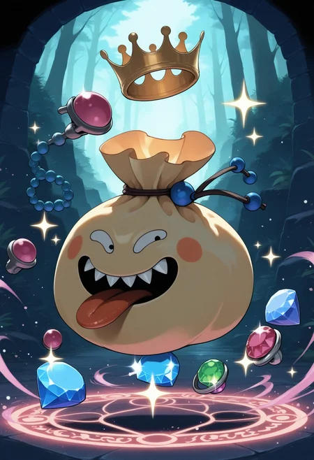 masterpiece,extreme detailed,outdoors,dungeon BREAK no humans,no_legs,full body,
BREAK goodybag_(dq),crown,no humans,gem,necklace,sharp teeth,open_eyes,tongue,<lora:goodybag_(dq)-NAI:1>,jumping,magic,magic_circle,sparkle,v-shaped eyebrows,