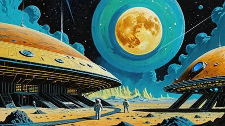 building, naval marine military, stylized by Alan Bean and Ed Emshwiller, architecture of a ([Terrestrial planet:Protoplanetary disk:3]:1.3) , unique perspective of space exploration through art, incorporating moon dust and other materials into his paintings, capturing the experience of space travel with poetic and emotive imagery, Science fiction art, surreal landscapes, pioneering filmmaker, abstract expressionist paintings, asymmetrical, psychedelic, ultrasharp, romantic, cinematic atmosphere, enhanced quality, stunning detail, illustrious quality, dynamic cinematic color