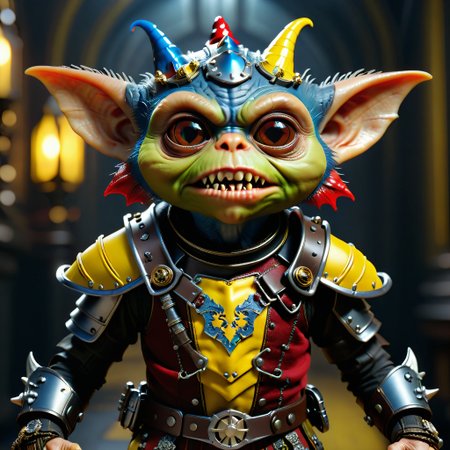 masterpiece, intricate photo of chritmas gremlin in knight armor, vampire clothing, cyberpunk style, steampunk style, gothic art, yellow red blue black dress, hyper realistic, highly detailed, sharp focus, best quality, 8K