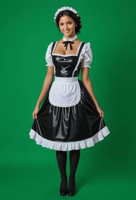 green screen, green background, greenscreen, solid green background,
wide shot, full body photo
of 23 y.o female woman
black shoulder length hair,
perfect featureless skin,
hourglass shape,
big breasts, <lora:chest_adjust:11>,
long curly shiny black hair
dark brown eyes
naughty smile
bimbo lips
hypnotic eyes
hypnosis, mind control,looking at viewer
wearing black latex maid uniform with white frills and a thick black latex dress long enough to hide her feet victorian maid
full color, high detail, 8k, highly detailed, symmetry