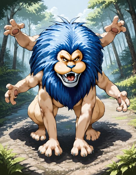 score_9,score_8_up,score_7_up,super detailed,extreme detailed,full_body,zPDXL3,source anime,nature,field BREAK no humans,<lora:Pony_DetailV2.0:1> BREAK hellion_(dq),lion,blue hair,<lora:hellion_(dq):1>,open mouth,looking at viewer,incoming attack,