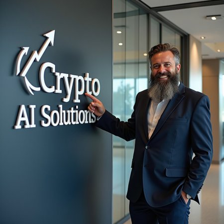 professional photography of the lobby of a modern office building with a modern sign logo at the front with a text that says "Crypto Scaling AI Solutions". The logo also features a stylized graph pointing upward. A man with a cheap business suit and a long shaggy beard is standing next to the text pointing at it, smiling. The Logo is designed in a sleak modern way. The man and the logo are in focus, while the background is blurry. The overall impression is that of a sketchy online marketing campaign