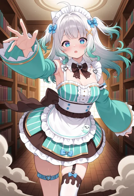 general, masterpiece, best quality, 1girl, solo, BREAK looking at viewer, blush,
ancient library, towering bookshelves, levitating glowing tomes, dust motes in sunbeams, reaching out in dynamic pursuit, flowing gown in action, expression of awe, ethereal light beams, cinematic close-up, dynamic perspective
BREAK
 <lora:Mint Fantome:1> blue eyes, gradient hair, white hair, green hair, ahoge, hitaikakushi, x hair ornament, medium breasts,
mintmaid, frills, gold trim, aqua dress, vertical-striped dress, asymmetrical dress, puffy long sleeves, wide sleeves, detached sleeves, sleeves past wrists, waist apron, white apron, white sash, brown waistband, brown back bow, layered skirt, brown accents, white thighhighs, single thighhigh, patterned legwear, melting pattern, legwear garter, brown garter strap, (blue thigh belt:1.2), heart o-ring, maid headdress, detached collar, frilled collar, heart collar, ghost pin,
long hair, two side up, hair bow, blue bow,