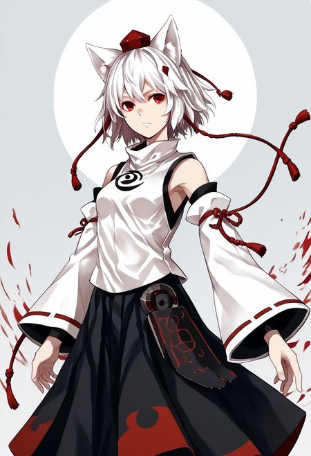 score_9, score_8_up, score_7_up, score_6_up, score_5_up, score_4_up, source_anime, solo, 1girl, 
inub4shir1_m0miji,white hair, short hair, wolf ears, red eyes, tokin hat, detached sleeves, two-tone skirt, 
masterpiece, best quality, very aesthetic, absurdres,