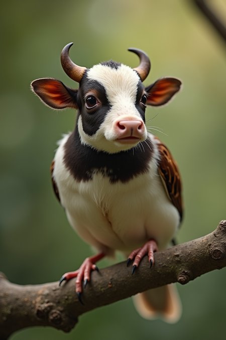 Hybrid between a house sparrow and a cow, the small, agile body of a house sparrow with the head of a cow, perched on a tree branch, hyper-realistic, action scene, cinematic, perfect textures, tilt-shift effect.