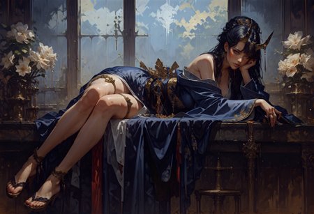 score_9, score_8_up, score_7_up,  rating_questionable, 20yo girl, 1girl, full body, curvy, monster girl, solo, tall, ronin, samurai, a woman with black hair, red eyes, Brom, beautifully backlit, fantasy art, blue and purple gradient skin, long hair, kimono, black hair, scales, curvy horns, atmospheric, sweat, legs, thigh dagger strap  <lora:pony/twilight_style:0.8> <lora:pony/expressiveh:0.8> expressiveh <lora:pony/vixon_gothic_oil_style:0.7> d4rk01l