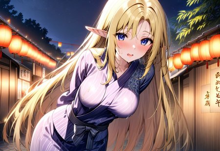 Sunny day, beatiful beach, realistic sea, tree palms in the back ground. <Alpha \(kage no jitsuryokusha ni naritakute!\), (simple female body:1.3), (medium breast:1.3), thin waist, (very sweaty body:1.1), (very long hair:1.1), (blonde hair:1.3), elf ears, beatiful eyes, lively eyes, blue eyes, (purple yukata:1.3), embarrased, very blushing>. Masterpiece, high quality, ultra-detailed, vibrant colors, cinematic lighting, Japanese festival setting, night scene, traditional decorations, paper lanterns glowing warmly, stalls with delicious street food (like takoyaki, taiyaki, yakisoba), colorful festival games, festive crowd in yukata, peaceful atmosphere, characters wearing beautifully designed yukata with intricate patterns, fireworks illuminating the sky, dynamic poses, joyful expressions, sakura trees lit by lanterns, stone paths, detailed background.