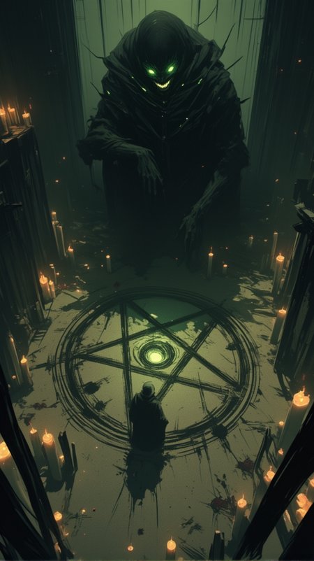 A master-level, highly detailed dark fantasy scene set in a dimly lit, ominous room. The floor is marked with a large, blood-drawn pentagram, its sinister lines glowing faintly. Surrounding the pentagram are countless dark white candles of varying lengths and thicknesses, their flickering flames casting unsettling shadows across the room. At the center of the pentagram, a menacing black demon is emerging from the blood-drawn symbol. The demonâs glowing green eyes pierce through the darkness, and an eerie, malevolent grin spreads across its face, exuding a sense of pure evil. Covered in shadows