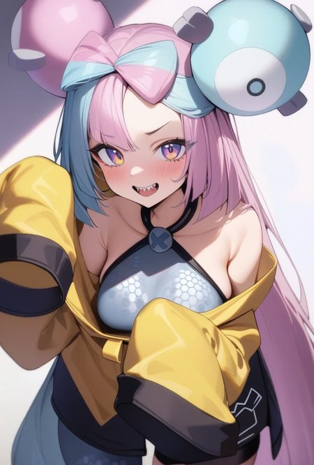 masterpiece,best quality,very aesthetic,absurdres,<lora:iono_(pokemon):1>,sleeves_past_fingers, yellow_jacket, sharp_teeth, solo, hexagon_print, sleeveless_shirt, very_long_sleeves, oversized_clothes, highres, absurdres, iono_\(pokemon\), 1girl