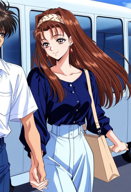 masterpiece, best quality, newest, highres, uncensored, 1girl, yokota mamoru style,1girl,
Matsudaira Youko,girl,brown hair,long hair,1990s (style),hairband，amber eyes
brown hair, 1boy, long hair, hairband, 1girl, smile,  earrings, bag, jewelry, black hair boy, solo focus, holding hands, ground vehicle, brown eyes, boarding airplane