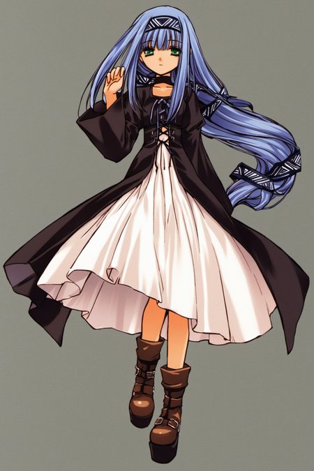 Reverie Metherlence, 1girl, solo, blue hair, long hair, boots, hairband, dress, green eyes, platform footwear,<lora:Azuma Mayumi_XL:0.8>,