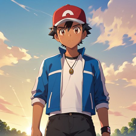 highest quality, masterpiece, core_9, score_8_up, score_7_up Ash Ketcum, black pants, blue and white jacket, spikey hair, brown eyes, baseball cap, black hair, brown skin