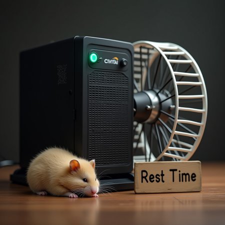 (((A hyper-realistic image of a server connected to a hamster wheel, hamster wheel for exercise, hamster sport wheel))), with a small, fluffy hamster sleeping peacefully beside it. The server has a logo on the front that reads "CIVITAI." A sign next to the server displays the text "Rest Time." The scene is softly lit, emphasizing the connection between the wheel and the server, and highlighting the tranquility of the sleeping hamster
