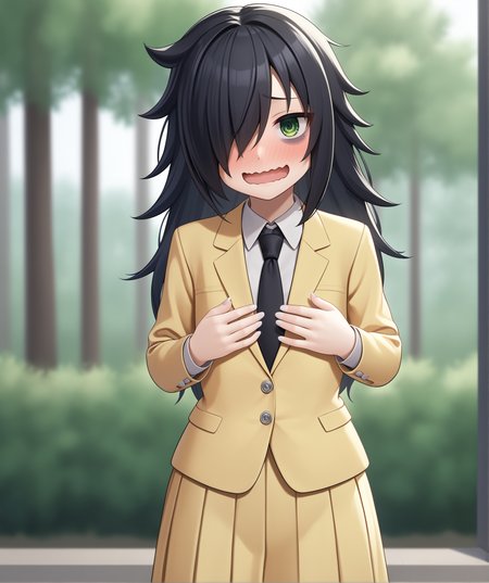 score_9, score_8_up, score_7_up, highres, 2024, BREAK, hi res, source_anime, best quality, masterpiece, 2d, intricate details, official style, anime, 4k, anime style,
1girl, solo, female, long hair, black hair, green eyes,yellow eyes, hair over one eye, black pupils, messy hair, bags under eyes, kuroki tomoko,
excited, wavy mouth, open mouth, blush, nose blush,
black necktie, yellow skirt, yellow jacket, necktie, skirt, jacket, closed jacket, school uniform, pantyhose, black pantyhose, blazer, long skirt, small breasts, flat chested, 
nail polish, fingernails, white nails, hands on breast, wavy mouth, 
cowboy shot, foreshortening, looking at viewer, outdoors, forest, blurry, blurry background, blurry foreground, <lora:add_details_xl:0.4>, <lora:KurokiTomoko1024_Pony:1>