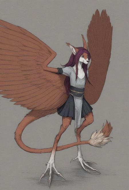 [creature name: Palagiri]
1 person, harpy, ((no arms, wings only)):1.6, androgynous, flat chest, no breasts, anthro, ((long hair)), ((long toes, nimble toes, handfeet)):1.4,, dynamic pose, gliding, coming in for a landing, fully clothed, pelvic curtain skirt, feline features, feline nose, feline ears, ((thick tail, tapering tail, feather tipped tail)), harpy:1.2, large wings, digitigrade legs, rating: safe