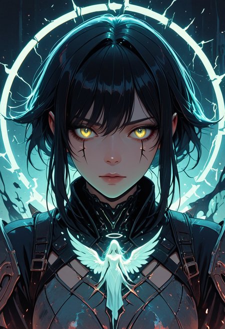 (masterpiece), (best quality), (8k), 2girls, angel and demon, intense stare-down, tension, glowing eyes, magical aura, emissive lighting effects, cinematic lighting, golden hour glow, divine vs infernal contrast, glowing halo above angel, broken or burning halo above demon, floating sparks, glowing tattoos or markings, glowing feathers vs shadowy wings, ambient light particles, symmetrical composition, high detail, soft shadows and light contrast, dramatic environment, detailed armor and flowing cloth, mystical energy in air,
