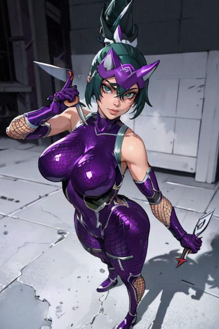 masterpiece,best quality,extreme detail,8k,image sharpness,<lora:kiriko-10:0.8>,kiriko2,1girl,solo,breasts,looking at viewer,large breasts,gloves,holding,bare shoulders,standing,full body,ponytail,weapon,green hair,elbow gloves,holding weapon,lips,bodysuit,mask,blurry background,fishnets,skin tight,ninja,purple gloves,kunai,purple bodysuit,