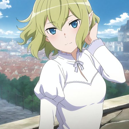 <lora:Ryu-000018:0.7>Ryu,solo,looking at viewer,green hair,short hair,white dress,long sleeves,breasts,light blush,seductive smile,hand in own hair,outdoors,floating hair,blue sky,white cloud,standing,architecture,cityscape,stone fence,upper body,
