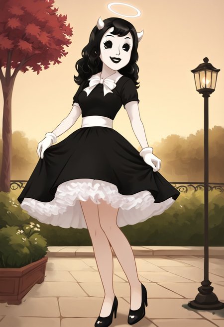 (Masterpiece, best quality:1.2), score_9, score_8_up, flat color, flat shading, soft shading, lighting, Alice Angel in a long 1950's dress, a fluffy frilly ruffled full petticoat, and high heels, dress, layered petticoat, frilly petticoat, fluffy petticoat, full petticoat, wide dress, long dress, flowing dress, solid colored skirt, short sleeves, black hair, Bendy and The Ink Machine, series accurate, cute, best high quality, high res, black lips, white colored skin, whole body shot, 1girl, solo, outside, posing, in a garden, cute, adorable, smile, skirt lift, seductive, ground level angle, dress lift, cartoon, cartoon style, vector, solo, circle dress, 1950s, alice angel