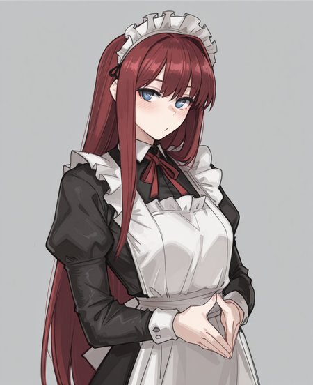 <lora:jonyeld:1> jonyeld,
(masterpiece), (best quality), (ultra-detailed), amazing quality, very aesthetic, illustration, perfect composition, intricate details, absurdres, incredibly absurdres, shiny skin, realistic,
 jonyeld, solo, 1girl, maid headdress, long hair, blue eyes, maid, simple background, apron, looking at viewer, long sleeves, red hair, maid apron, puffy sleeves, juliet sleeves, blush, neck ribbon, dress, red ribbon, own hands together, ribbon, white apron, steepled fingers, black dress, general