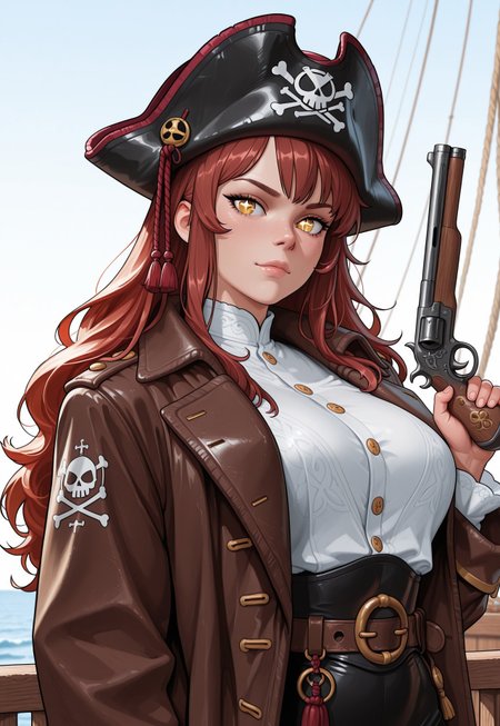 score_9, score_8_up, score_7_up, 1girl, solo, pirate captain, weathered leather coat with brass buttons and worn patches, flintlock pistol with a polished wooden grip and engraved barrel, wavy auburn hair with a tricorn hat, realistic, cinematic angle, cinematic lighting, muscular body, adventurous face, sparkling hazel eyes, commanding pose
BREAK
standing on the deck of a pirate ship
BREAK
source_pirate_art, rating_explicit, expressive, full body, dynamic pose
BREAK
detailed beautiful background, vast ocean with rolling waves and distant islands, wooden pirate ship with tattered sails and weathered deck, crew members in pirate attire, distant horizon with setting sun, adventurous atmosphere with a sense of freedom and danger
<lora:Expressive_H:0.6>Expressiveh, (SimplepositiveXLv1:1.3), (upper body:1.85) ((masterpiece)) (ultra realistic, 32k, masterpiece:1.2), (high detailed skin:1.1), (high quality:1.1) (((full clothed))) <lora:DandonFuga_Style_v.2_-_Pony:0.8> 
<lora:add-detail-xl:1> 
<lora:Dynamic Poses:1>
