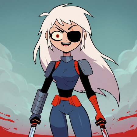 score_9, score_8_up, score_7_up, 1girl, Rose, white hair, long hair, eyepatch, orange eyes, scar on face, medium breasts, narrow waist, wide hips, looking at viewer, blood, crazy eyes, sword, dual wielding, highres, high quality, masterpiece, <lora:Rose_Wilson:1>