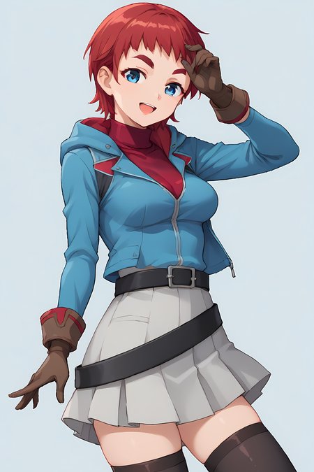 (military uniform blue jacket red hoodie red turtleneck grey skirt black belt brown gloves black thighhighs:1.60), cra-kristen, blue eyes, red hair, short bangs, short hair, thick eyebrows, 
medium breasts, 1girl, solo, skinny, (source_anime, score_9, score_8_up, score_8, score_7_up), score_7, score_6_up, score_6, score_5_up, score_5, 
(happy:1.30),
(simple background:0.60),
(close-up:1.40), (:1.10),
<lora:cra-kristen-V03-000003:0.60>