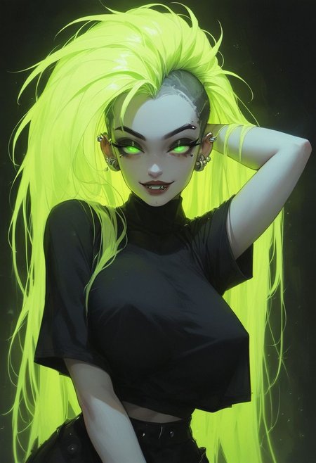 score_9, score_8_up, score_7_up, masterpiece, best quality, highly detailed, 1girl, pale skin, green eyes, thick black eyelashes, black eyeliner, dark eyeshadow, neon green hair, long hair, mohawk, big breasts, oversized black t-shirt, ear piercings, looking at the viewer, bedroom eyes, seductive smile, g0thicPXL, glowing hair, glowing eyes, neon, arm behind head, arched back, dark background, cowboy shot, thick white character outline