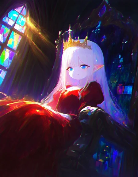 masterpiece, newest, absurdres , incredibly absurdres, Bright_illu, best quality, amazing quality, very aesthetic, Dutch angle, close up, 1girl, pointy ears, (narrative-rich composition:1.3), (narrative-rich composition:1.3), hair ornament, solo, a teen girl, princess, sad smile, crown, wonderous, pale skin, white hair, blue eyes, red dress, tightly corseted, dreamy, sitting on a throne, stain glass windows, inside castle, light rays, drawn by Claude Monet, Beautiful Lighting, colorful, brush stroke, outline, beautiful detailed face, beautiful detailed eyes, <lora:StS_Age_Slider_Illustrious_v1:-2> <lora:Bright_style:.3> <lora:0__11Xx:1>