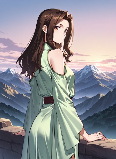<lora:Lu_Luo:1>
1 girl, solo, long hair, brown hair, brown eyes, bangs
chinese clothes, green dress, bare shoulders, shoulder cutout, clothing cutout, 
score_9, score_8_up, score_7_up, source anime, BREAK,  cowboy shot, (from side), looking back, looking at viewer, overlooking mountain, high altitude, scenery, exterior, background, (solo), perfect hands