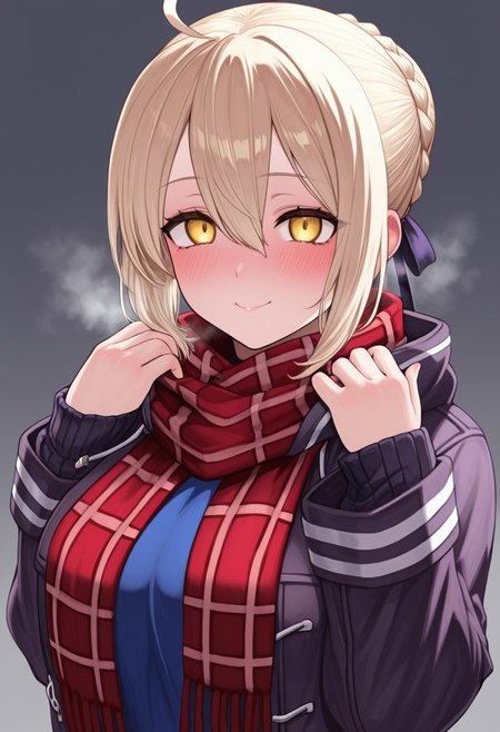 H1r0n3,masterpiece, best quality, amazing quality, intricate details,  looking at viewer,  mature female, plump,
1girl, solo, artoria pendragon \(fate\), mysterious heroine x alter \(fate\), hair between eyes, blonde hair, looking at viewer, mysterious heroine x alter \(first ascension\) \(fate\), ahoge, scarf, smile, upper body, braid, plaid scarf, blush, bangs, plaid, closed mouth, red scarf, yellow eyes, grey background, sidelocks, hair ribbon, jacket, sleeves past wrists, breath, open clothes, coat