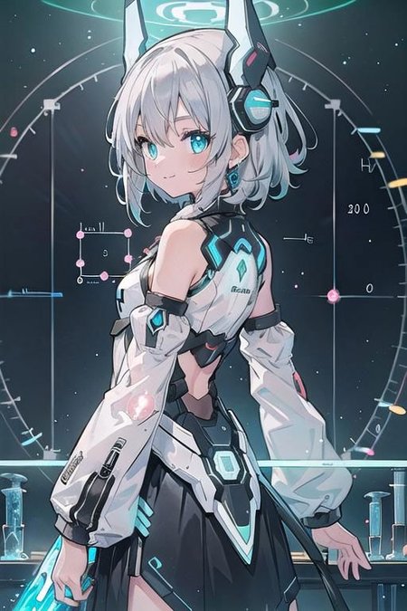 (masterpiece), (science fiction:1.4), 1girl, her back turned, smile, silver hair, aqua eyes, headgear, long sleeves, detached sleeves, glowing energy clothing, light particles