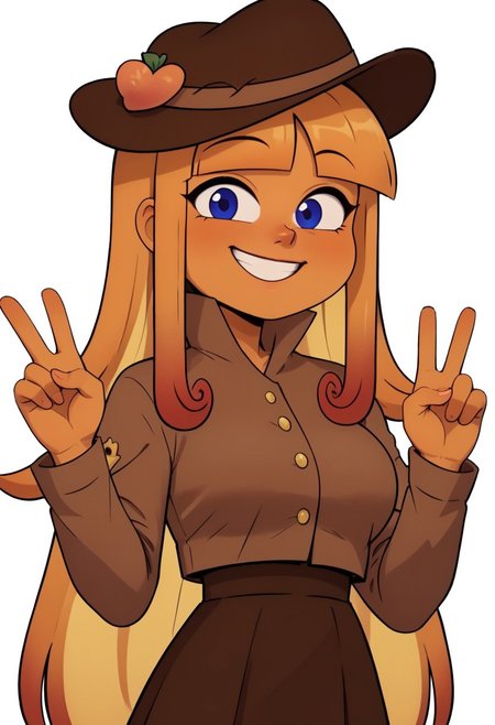 ((bedroom background)),score_9, score_8_up, score_7_up,score_6_up, 
1girl, Solo, Pessy_MT, orange skin, long hair, bangs, orange hair, dark blue eyes, pointy nose, brown hat with peach patch, light brown jacket, brown skirt, black ballet flats, big eyes, tall stature, social smile, perfect eyes, perfect smile, looking at the viewer, big breasts, detailed eyes, perfect eyes, cute, standing, (front pose, bust shot, close up to face, face portrait:1) 5 fingers, perfect hands, hand up symbol peace
