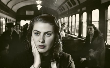 A clock tower bending over to whisper secrets to a passing train. -- <lora:CBS_novuschroma37 style_b:1> Light Distortion  <lora:Ingrid Bergman SDXL:1> Woman looking worried