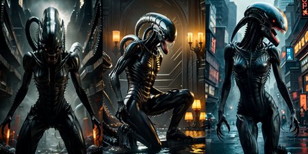 (otherworldly), highly insanely detailed, masterpiece, top quality, best quality, highres, 4k, 8k, RAW photo, (very aesthetic, beautiful and aesthetic), 
__lazy-wildcards/cosplay-char/alien-predator/xenomorph/prompts__, 
<lora:FemXeno:0.7>, 
(1girl:1.3), eyes focus, 
__lazy-wildcards/dataset/background__,âââ