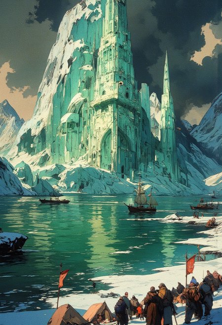 A breathtaking, ancient city built upon massive ice formations, glowing softly under an overcast sky. Towering spires and grand structures rise from the frozen landscape, sculpted entirely from translucent ice and adorned with intricate carvings. The city's central tower, crowned by a majestic ice-carved bird with outstretched wings, stands as a beacon of mystery and grandeur. In the foreground, a vast emerald-green glacial river reflects the icy citadel’s light. Boats of various sizes, from small rowboats to grand sailing vessels, navigate the waters, carrying travelers, merchants, and explorers dressed in warm, fur-lined cloaks. The surrounding landscape is composed of towering ice cliffs with deep green and white hues, adding a sense of scale and isolation. A group of people gathers at the frozen shore, setting up tents and flags, suggesting an expedition or a long-lost civilization rediscovered. Dark storm clouds gather in the distance, hinting at an approaching tempest, contrasting against the serene and ethereal glow of the ice city. The atmosphere is both mystical and foreboding, capturing the awe-inspiring beauty of a forgotten arctic kingdom. 
,  anime, cyberpunk