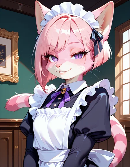 masterpiece, best quality, very aesthetic, absurdres,
indoors, maid,
upper body, posing,
seductive smile, parted lips, long eyelashes,
<lora:CiviChan_v01_NAIXL:1>
CiviChan,1girl,solo,furry,furry female,cat girl,cat ears,short hair,pink hair,purple eyes,slit pupils,snout,animal nose,whiskers,body fur,striped tail,