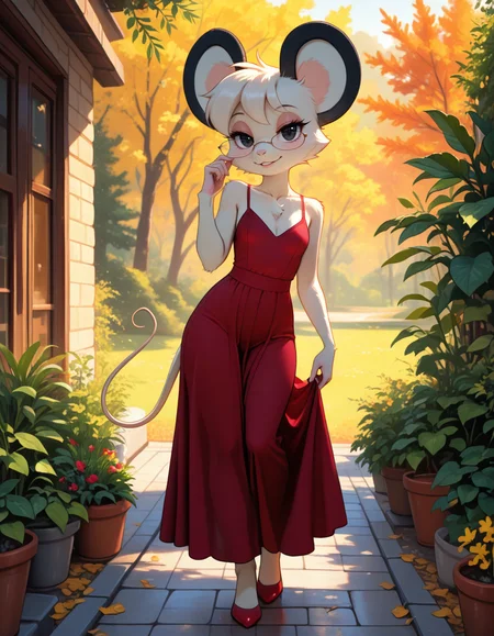 masterpiece, best quality, very aesthetic, absurdres,
outdoors,
full body, standing, posing, 
 seductive smile, parted lips, long eyelashes,
 <lora:Tamy_v01_NAIXL:1>
T4my,1girl,solo,furry,furry female,mouse girl,short hair,mouse ears,black eyes,glasses,animal nose,body fur,white fur,mouse tail,