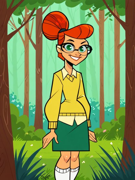 score_9, score_8_up, score_7_up, score_6_up, score_5_up,
ScarletPXL, green eyes, red hair, orange hair, pompadour, single hair bun, hair bun, glasses, sweater, socks, skirt, socks, green skirt, white socks, collared shirt, yellow sweater
, center frame, looking at viewer, smile, 3/4 view
, 1girl, solo, standing, forest
<lora:Aeolus06:1> aeolus06 <lora:ScarletPXL:0.85>
