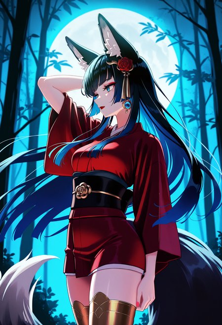 solo,night forest, moonlight,
1foxgirl, medium breasts,, fox ears, fox tail, blue eyes, slit pupils, long hair, hime haircut, ((black hair), blue hair, multicolored hair), masacra, eyeshadow, rose lipstick, mole, earrings,
hair ornament, red kimono, short kimono, gold stockings,
standing, cowboy shot, side view, arm up, floating hair,
kunitarouartstyle,   <lora:kunitarouartIL-style:1>