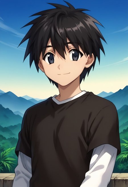 score_9, score_8_up, score_7_up, source_anime, highly detailed, 
ikuto, 1boy, male focus, solo, black hair, hair between eyes, black eyes, shirt, black shirt, white shirt, short over long sleeves,
outdoor, island, palms, sky, upper body, smile,
