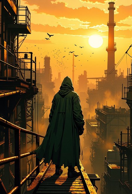 post-apocalyptic world, abandoned industrial city, golden hour lighting, lone hooded figure, dark green tactical cloak, standing on narrow metal catwalk, dramatic pose, slight lean forward, overlooking desolate cityscape, camera angle from behind and slightly elevated, cinematic wide shot, detailed smokestacks and cranes in the distance, decayed structures, golden sunset illuminating the sky, silhouetted buildings, flock of black birds in motion, gritty textures on metal beams, high detail, atmospheric dust particles in the air, moody and melancholic tone, vast perspective emphasizing solitude, epic cinematic framing