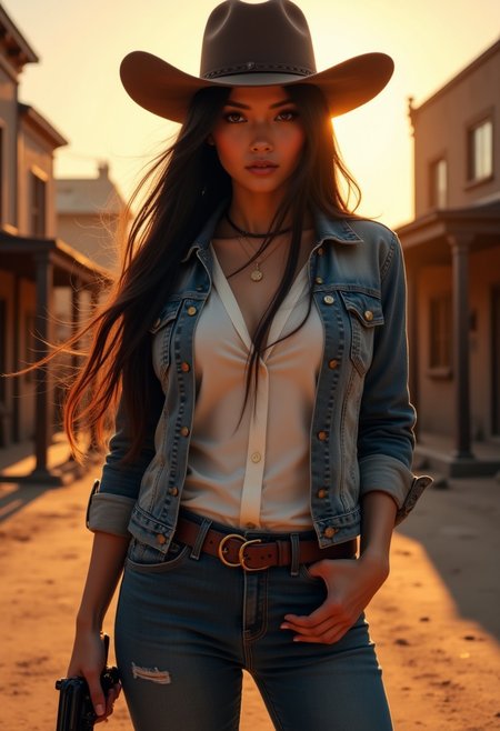 a stunning japanese female wild west gunslinger, long flowing hair, cowboy hat, white blouse, blue jeans, denim jacket, holding a revolver, wild west town at sunset outside saloon and sheriff's office, high quality, highly detailed, directional lighting, moody and atmospheric