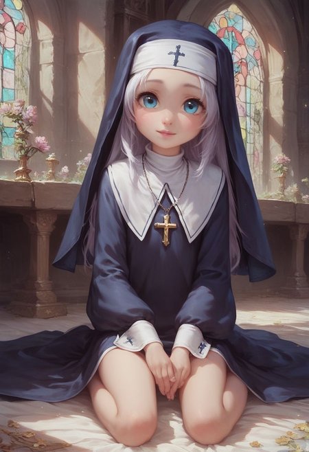 score_9, score_8_up, score_7_up, maria, nun,1girl, long hair, detailed blue eyes, cute, adorable, innocent, full body shot, detailed, pure, soft, young, sitting