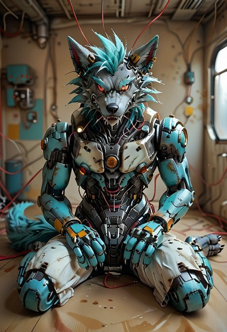 (((Barefoot furry character, full body, cinematic setting, furry male, plantigrade))) 
(((Gilliam))), wolf boy, white pajama, ((wired, hijacked, hacked, corrupted, reprogrammed, brainwashed, mindwiped, )), sitting, spread legs, m pose, nice metalic feet paws,((nice robotic feet paws)),  three toes, claws, pawpad, determined look, (((restrained))), tilted head, drooling
BREAK
(((gilliam wolf, evil eye, sharp, red fluff tail, cyan hair, robot, cybernetic wolf, metallic))),
BREAK, intricate details, highly detailed, extreme detail, octane render, fine art, best quality, highres, (detailed face:1.5), ((full_body)), UHD, (((perfect hands))), low light