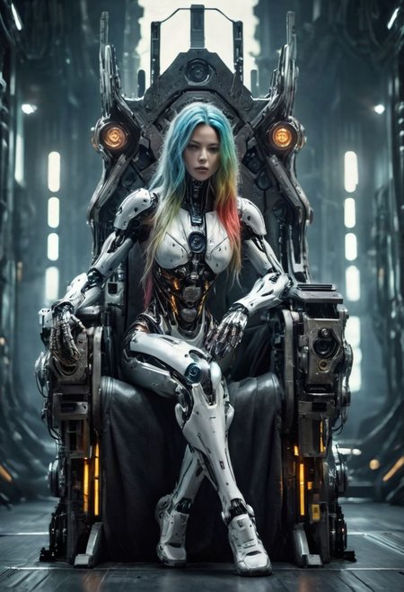 ((CYBORG female, full body)), ((long hair, gradient colored hair, human face, sitting on an ancient granit throne, sensual pose)),  full body, Dark Fantasy page, unrealistic, BadDream, OverallDetail, cp2077