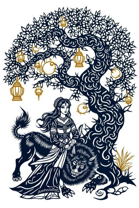 papercut art.
a scene from Arabian Nights, A beautiful woman sits gracefully under a sprawling tree with lush, curving branches and hanging vines. She has striking, almond-shaped eyes, dark flowing hair, and wears elegant traditional attire with ornate jewelry that glimmers softly under the moonlight. Her expression is calm and serene as she gazes thoughtfully into the distance.
Resting his head gently on her lap is a large demon with a powerful, otherworldly presence. The demon, though fearsome in size, appears vulnerable as he lies beside her. His skin has a muted, earthy tone, and his features--sharp and beastly--are softened by a look of weary contentment. His claws are retracted, and he exudes a mixture of strength and peace in her presence.
The tree's twisted branches arc above them, framing the scene like a natural canopy. Golden lamps hang from the tree.
 <lora:papercut1_cap_d6a3e12:1.0><lora:823267444773635308:0>