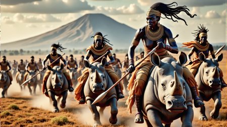 Real photograph of an army of African warrior women,  black skin, Nubian, beautiful, breathtaking,  athletic, (small breasts:1.4),  earrings, necklace, wrist bands,  dangerous, fierce, determined, battle hardened,  mounted atop angry and ferocious rhinoceros,  cavalry charging into battle with spears ready to impale, shields and spears bearing war decorations,  fierce angry painted faces full of rage, yelling fierce war cries,  African Savannah with mount Kilimanjaro in the background,  intricate details, masterpiece, elegant, complex patterns,  (full body shot from head to toe:1.6),  dramatic and dynamic morning lighting, intense atmosphere,  <BaroqueColorful:0.72>