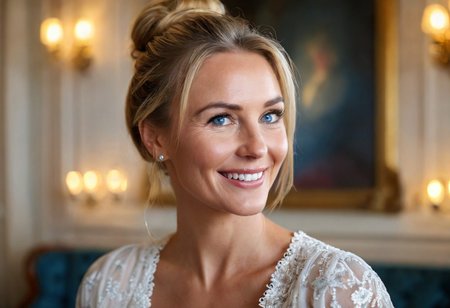 A hyper-detailed, high-resolution (8K) close-up portrait of a 40-year-old woman with sleek blonde hair tied back in a soft bun, wearing a light, airy white blouse. Her striking blue eyes gleam with happiness, framed by delicate laugh lines that enhance her natural charm. The background is intentionally blurred, suggesting an opulent hotel lounge—crystal chandeliers, velvet drapes, and the soft glow of candlelight reflecting in gilded mirrors. Shot with a Hasselblad H6D-100c medium-format camera, using a tight crop and a shallow depth of field (f/2.8) to capture the luminous quality of her skin against the rich, moody backdrop. The lighting is sumptuous and directional, evoking the elegance of classic Hollywood portraiture."